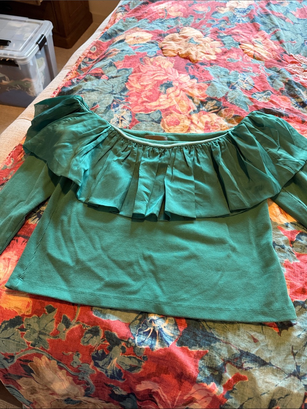 Anthropologie Teal Off-Shoulder Ruffle Blouse